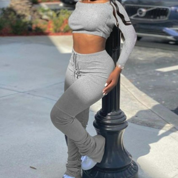 Pants - New without Tags Gray Croptop Drawstring Stacked Pants Set Outfit Women Size XXL